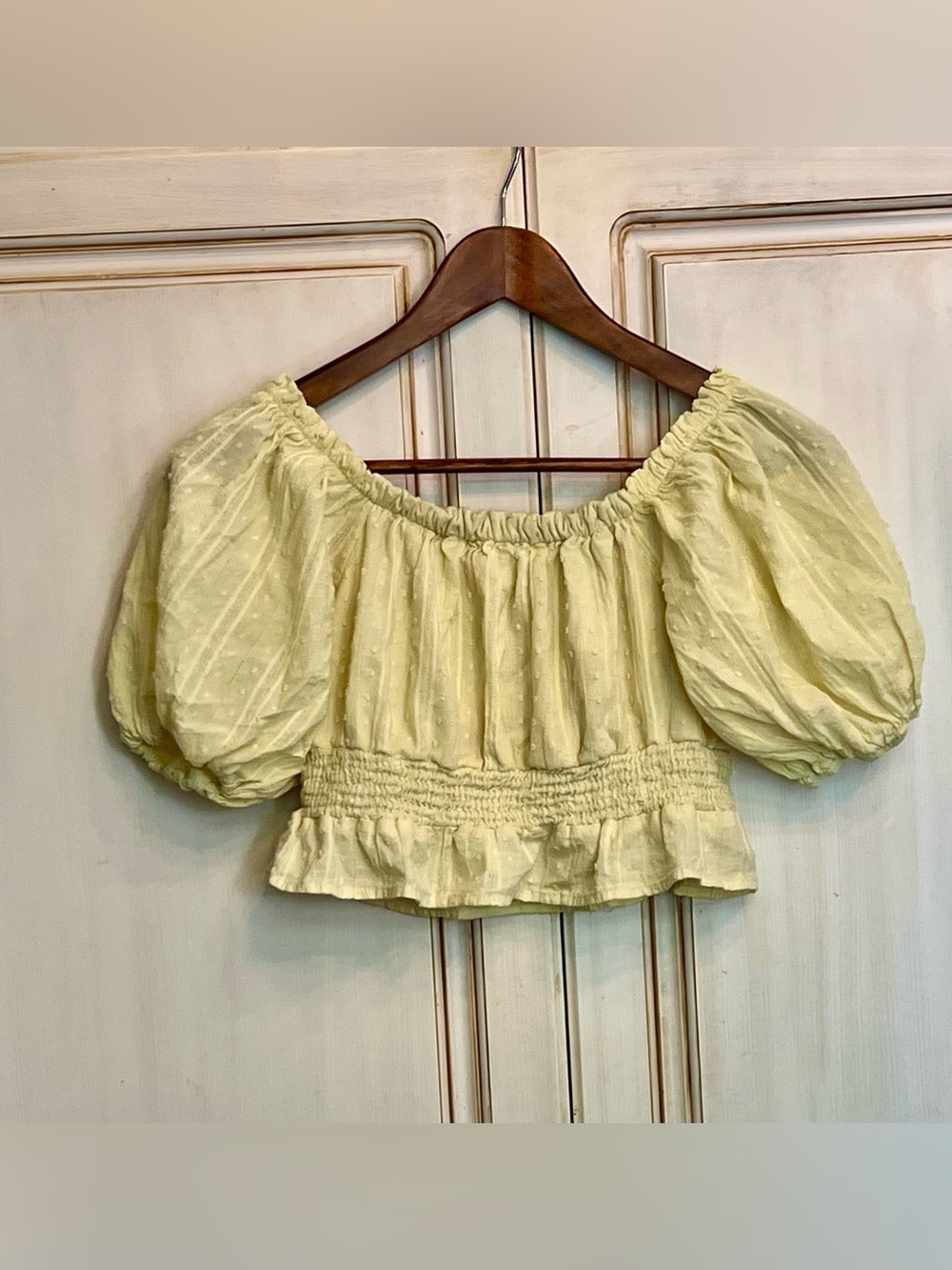 Altar’d State Yellow Swiss Dot Puff Sleeve Smocked Crop Top Size M USA Made